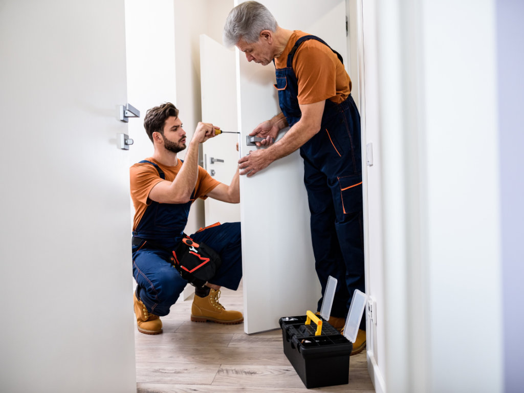 A professional locksmith working on a residential door lock with precision tools