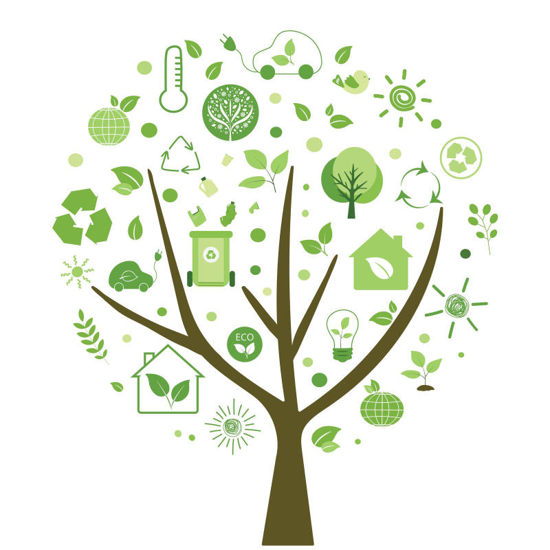 A vector graphic of a stylized tree with the words 'Eco-Friendly' written below it.