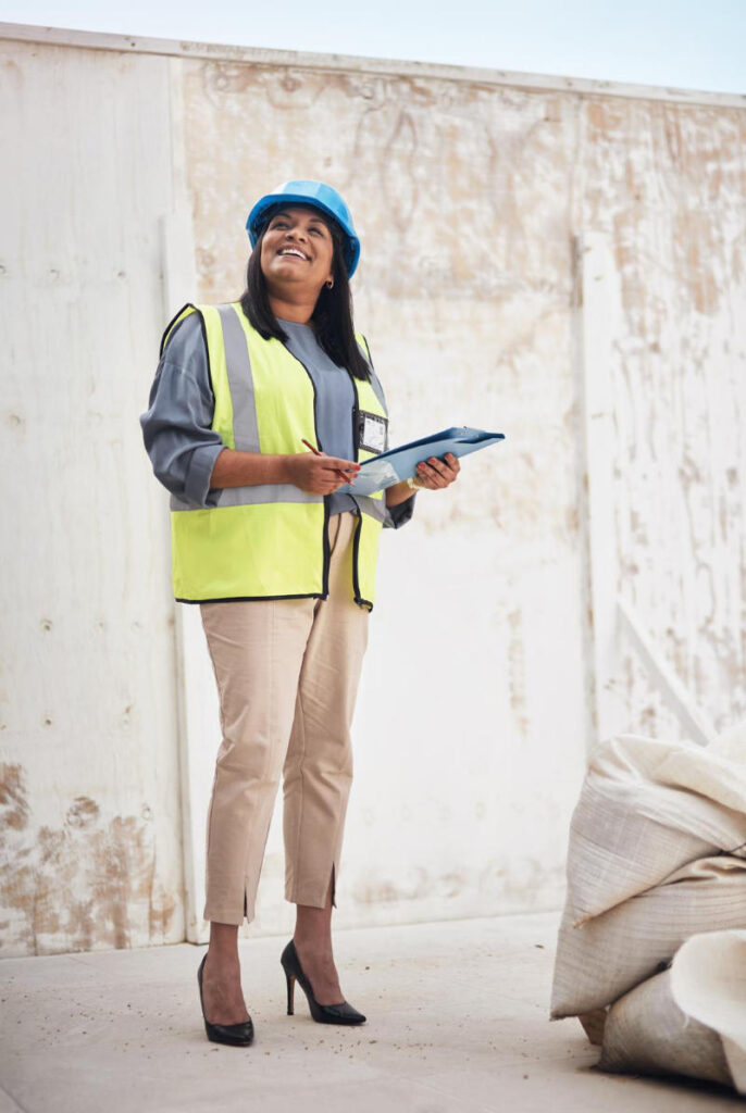 A young female construction worker on a job site, wearing a hard hat and work boots and holding a tool