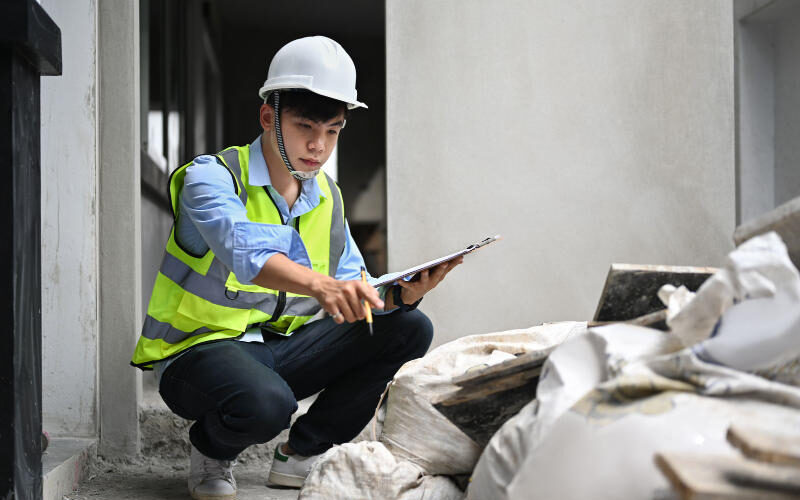 Two male inspectors at a construction site, holding clipboards and checking building materials.