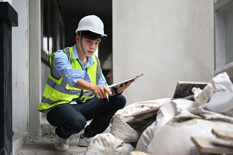 Two male inspectors at a construction site, holding clipboards and checking building materials.