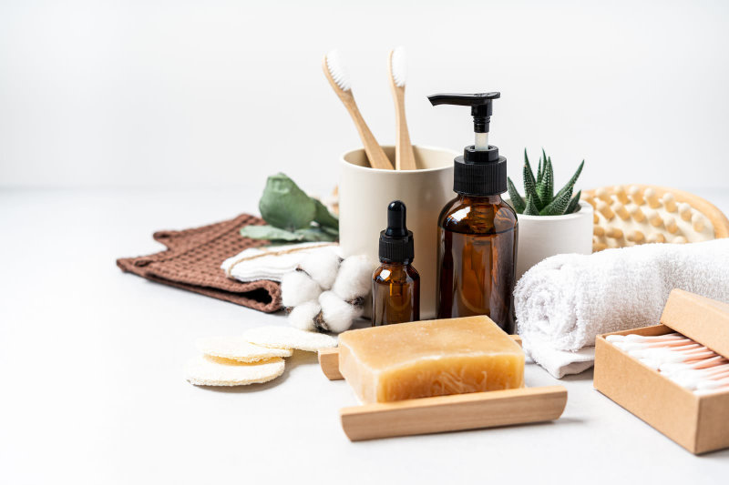 Zero waste and sustainable lifestyle concept featuring natural bathroom and home spa tools.