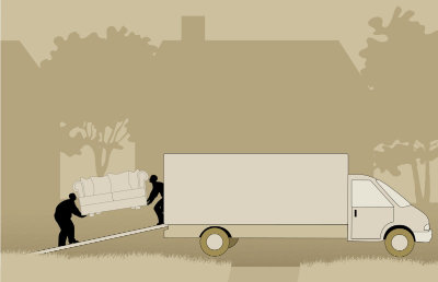 Image of movers carrying furniture and boxes during a moving process