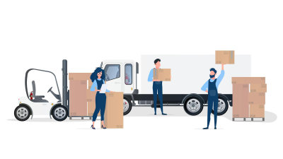 Movers loading cargo into a car, representing the concept of moving and delivery with a truck, forklift, and loader