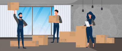 Movers carrying boxes during a home or office relocation, representing the concept of transportation and delivery of good