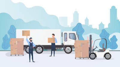 Movers loading cargo into a car, representing the concept of moving and delivery with a truck, forklift, and loader