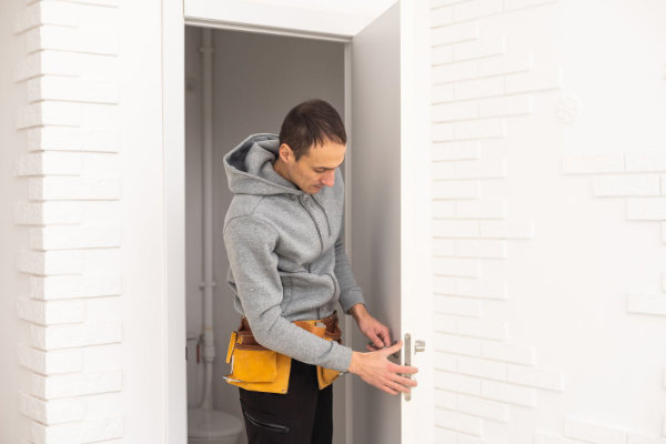 Professional locksmiths installing an interior door with a wooden frame at a luxury apartment.