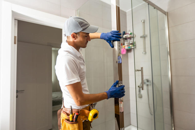 Workers installing a glass door for a shower enclosure