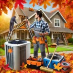 Contractor inspecting roof, cleaning gutters, and servicing HVAC unit during fall maintenance, with autumn leaves and seasonal decorations.