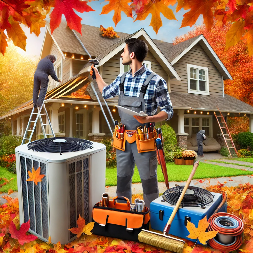 Contractor inspecting roof, cleaning gutters, and servicing HVAC unit during fall maintenance, with autumn leaves and seasonal decorations.