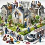 Illustration Of Contractors Working In Different Trades Like Plumbing, HVAC, Electrical, And Landscaping, Showing Collaboration In The U.S. Service Contractor Market