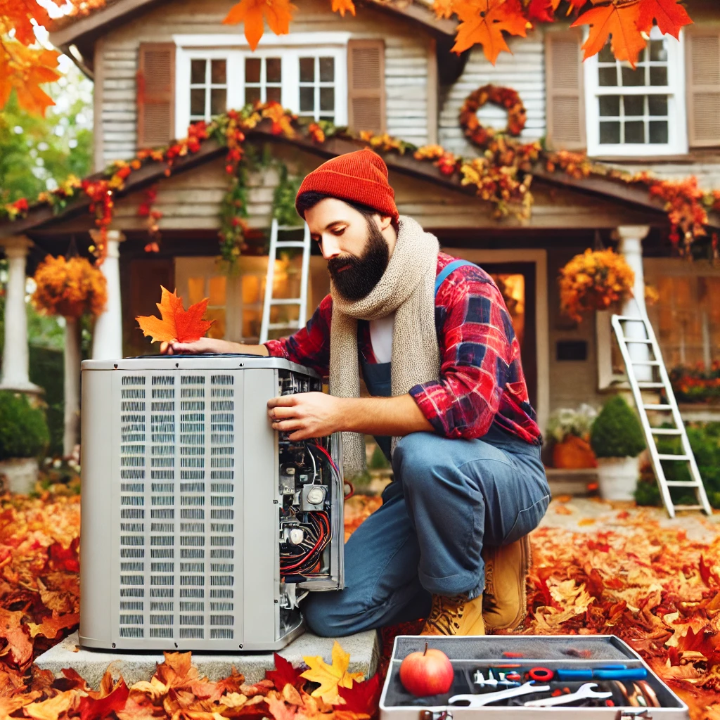 Contractor performing HVAC maintenance during fall to prepare for colder temperatures.