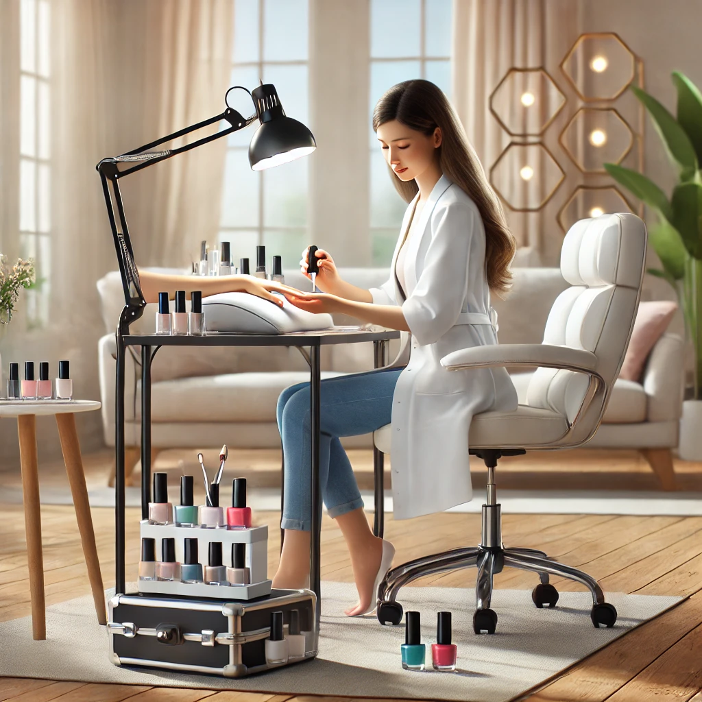 A mobile beauty professional offering a manicure at home, using portable equipment in a bright, modern living room.