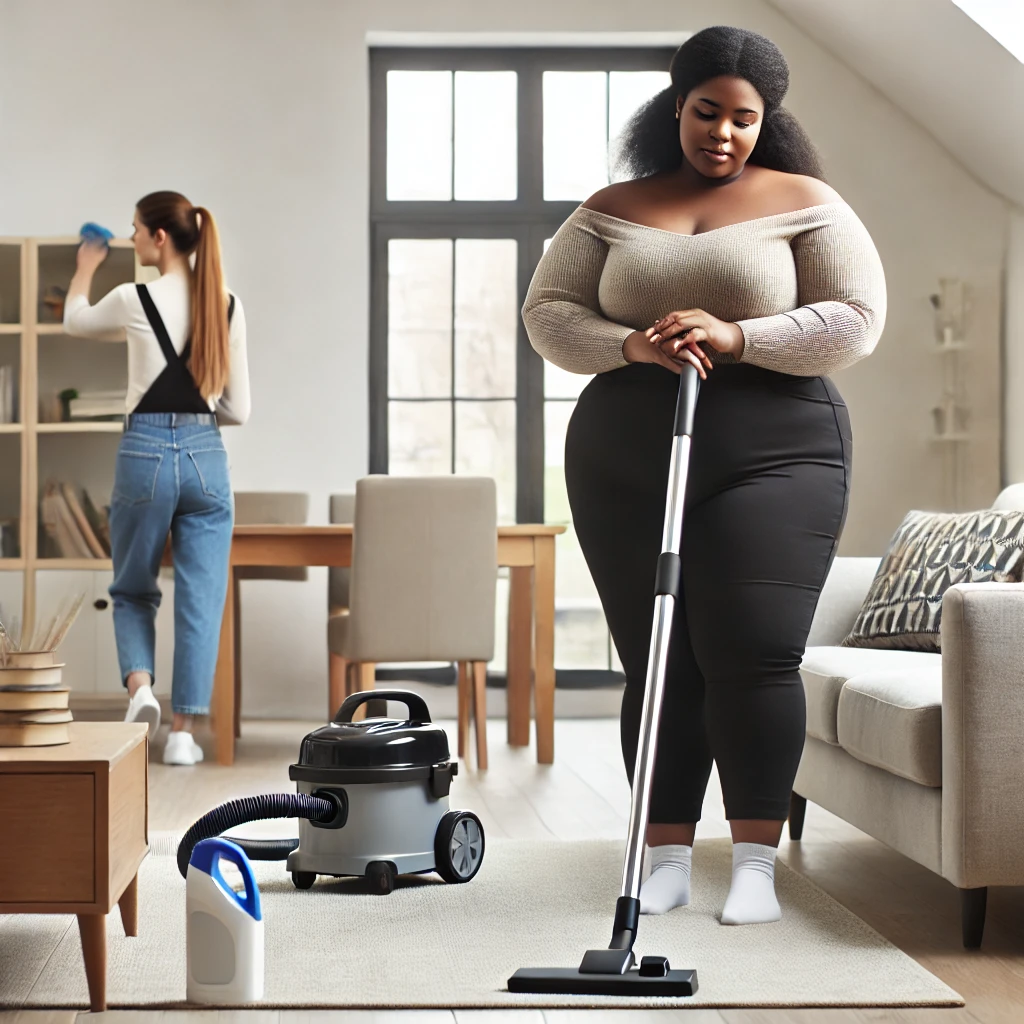 A black woman and a white woman, both noticeably overweight, cleaning a modern living room. One is vacuuming the carpet while the other is dusting a shelf.