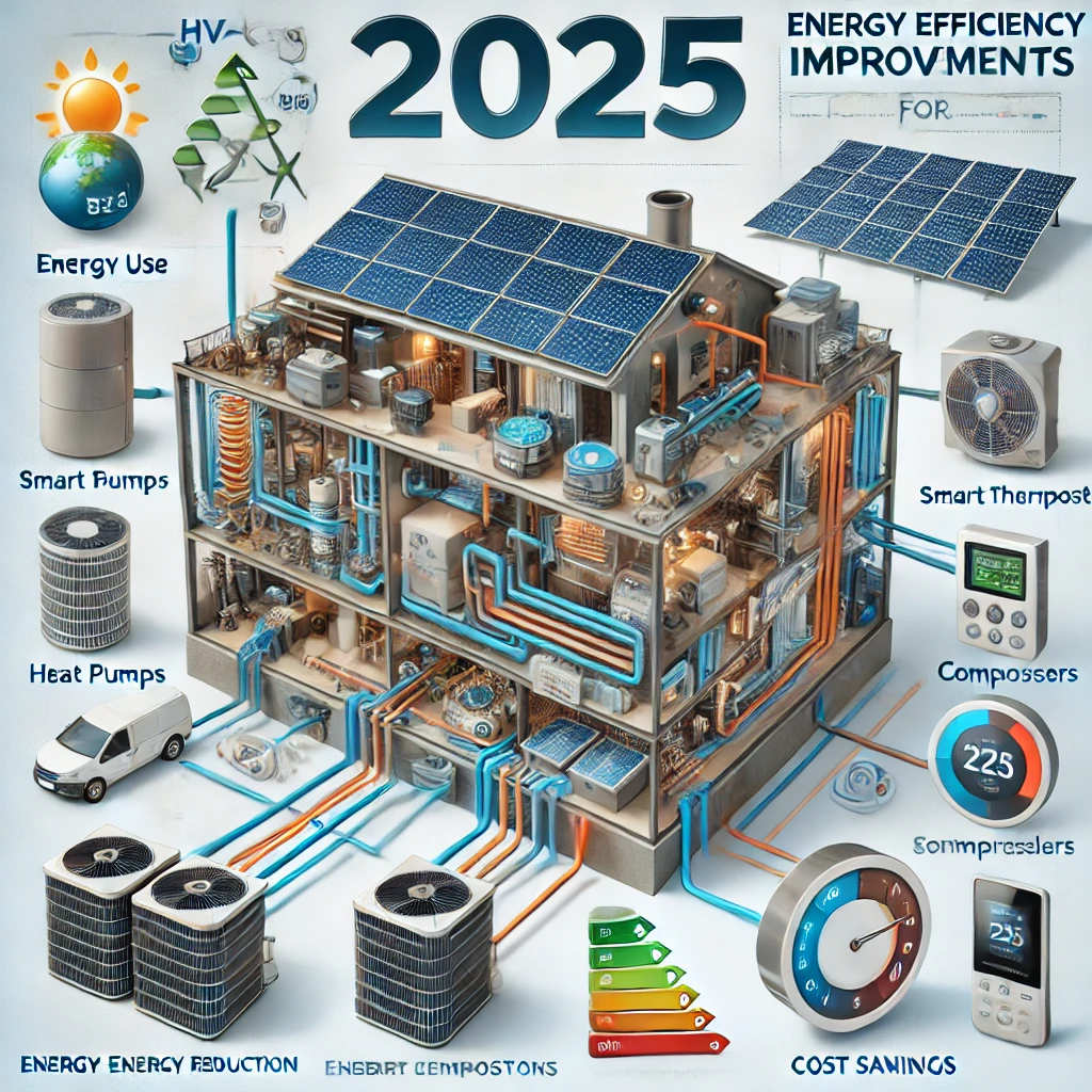 Diagram illustrating HVAC energy efficiency improvements for 2025, featuring components like heat pumps, smart thermostats, energy-efficient compressors, and solar panels, with a focus on energy reduction and sustainability.