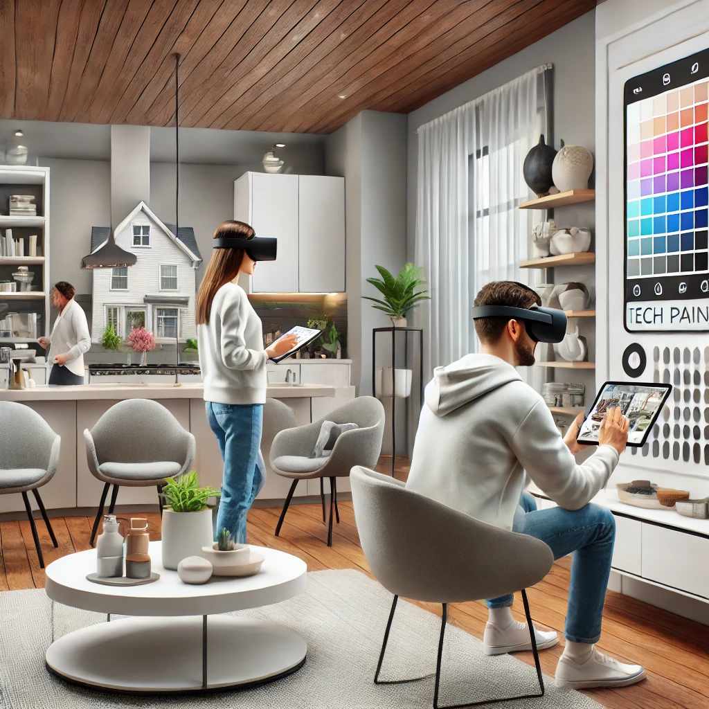 A modern living room where homeowners use AR apps to visualize different paint colors and VR goggles for 3D immersive walkthroughs, combined with smart paint.