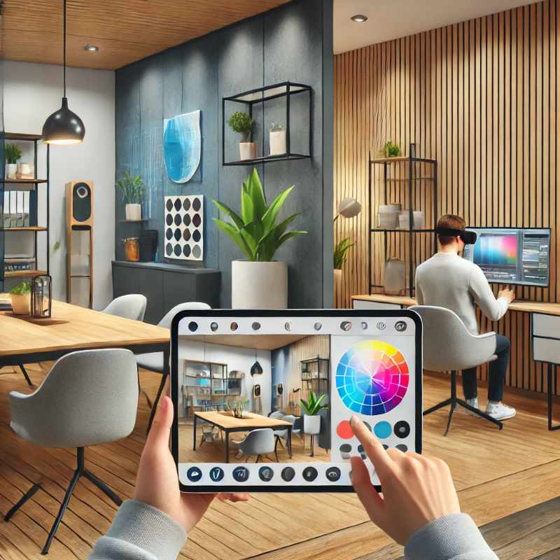 A modern office using AR apps to visualize color schemes and VR goggles to explore a 3D environment for tech decorating.