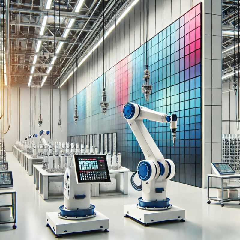 A large commercial space where spray robots apply smart paint with precision, featuring thermochromic and photochromic walls that change color based on environmental conditions.