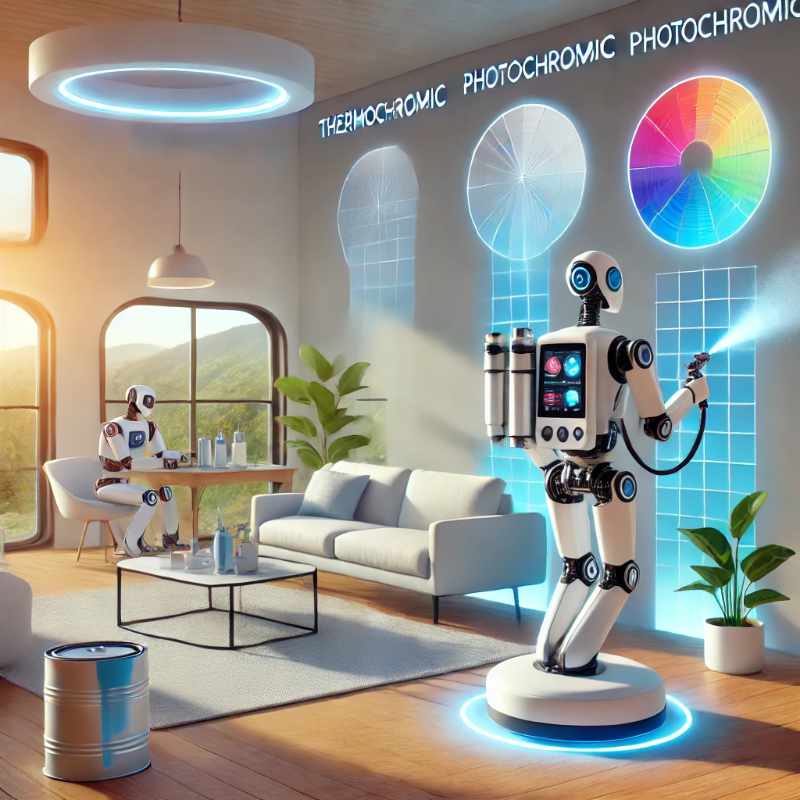 A futuristic residential space where spray robots apply smart paint on walls that change color based on temperature and light, creating an adaptive environment.