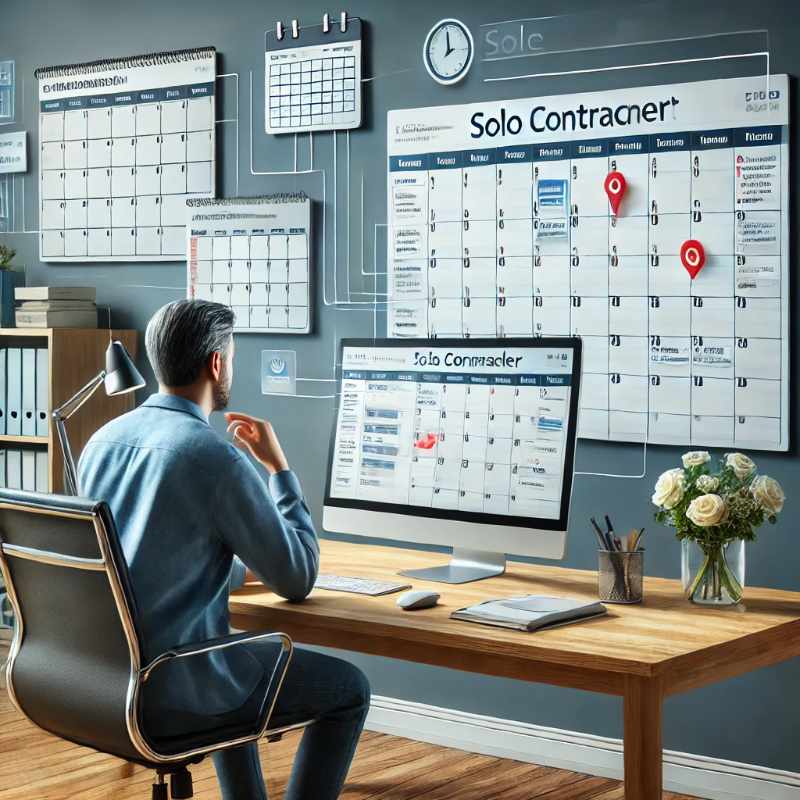 Realistic illustration of a contractor viewing organized appointments and deadlines on a computer with scheduling software