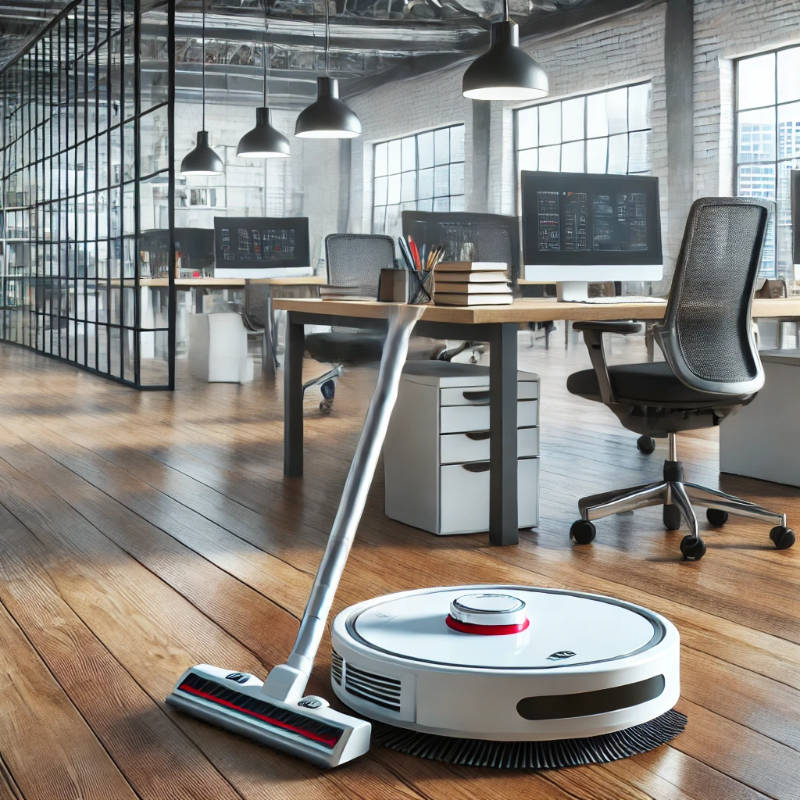 A robotic vacuum cleaner autonomously cleaning a spacious office floor with desks and chairs in the background.