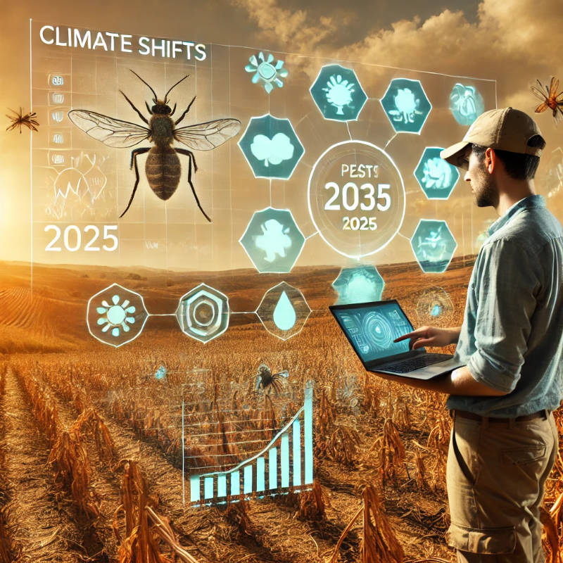 A pest control professional monitoring pest activity in a field affected by climate change, using technology to track migrating pests.