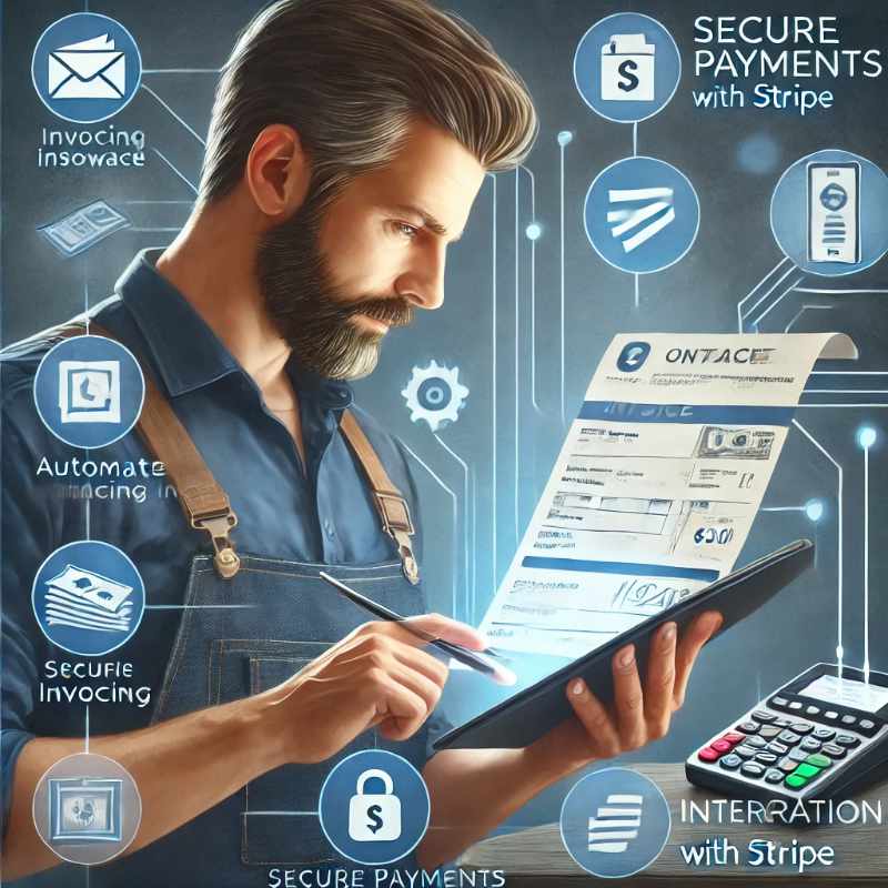A contractor using CRM software to automate invoicing and payment processing on a tablet, with a payment notification appearing and icons representing secure payments and Stripe integration in the background.