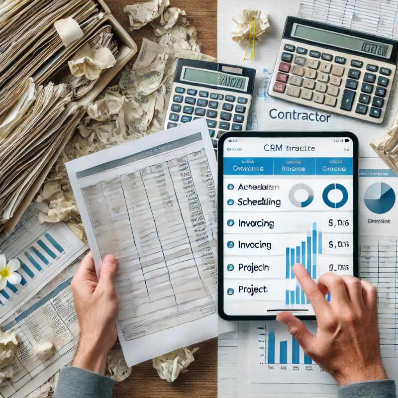 A contractor switching from disorganized paper spreadsheets to CRM software on a tablet, automating scheduling, invoicing, and project tracking.