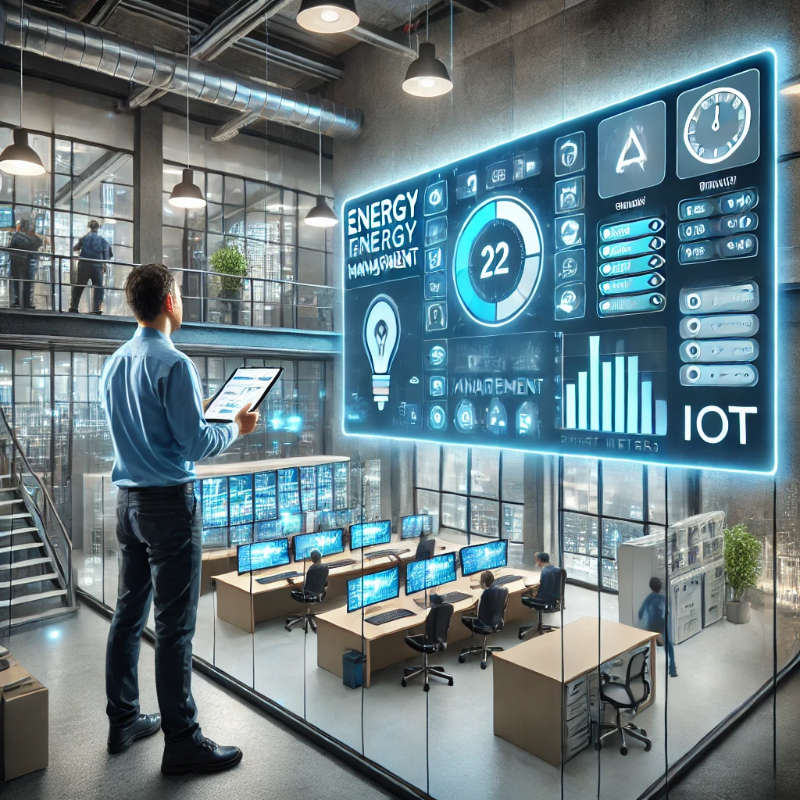 Electrical contractor configuring a smart energy management system in a commercial building using a tablet. A dashboard displays energy usage data connected to IoT devices like smart meters, automated lighting, and HVAC systems