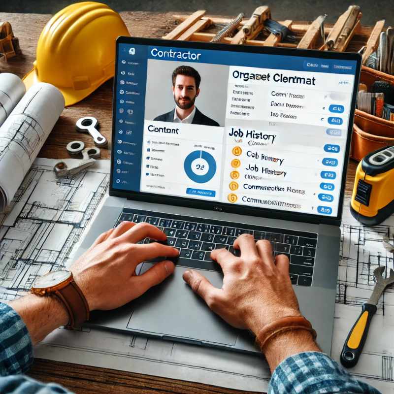 Contractor using a laptop with CRM software to review organized client data, including contact details, job history, and communication logs