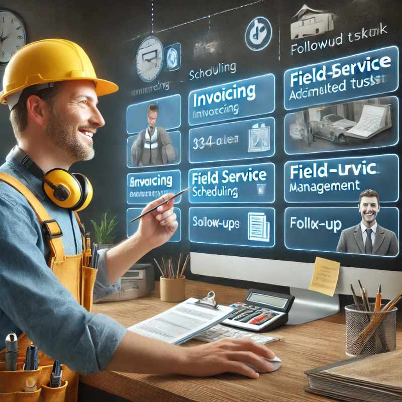 A contractor using CRM and field service management software in an office, with notifications for completed tasks like invoicing and scheduling, representing reduced administrative workload.