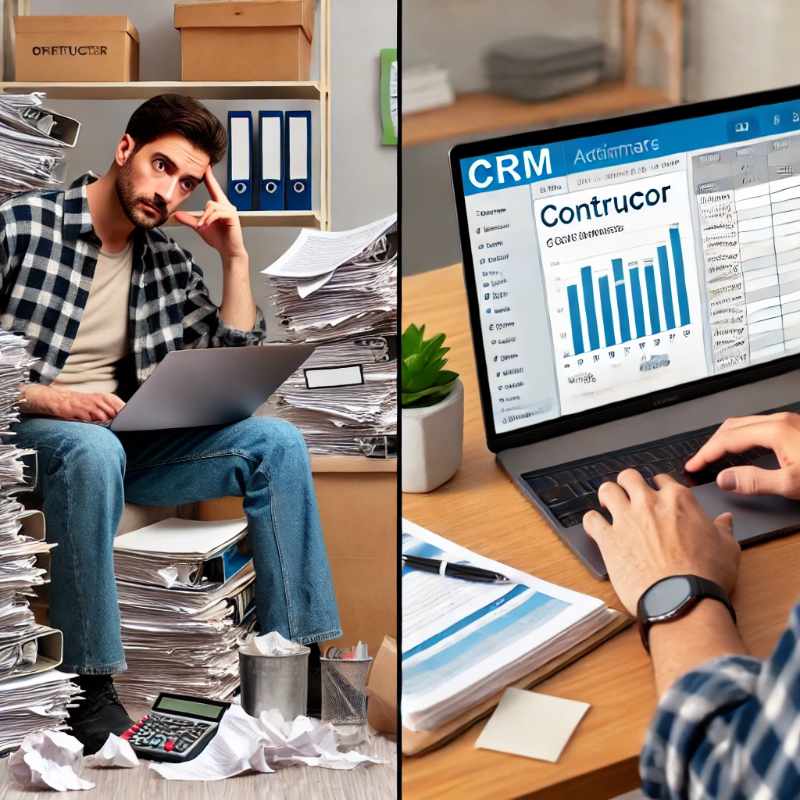 A frustrated contractor using disorganized paper documents and spreadsheets, then transitioning to CRM software on a laptop with automated scheduling and invoicing.