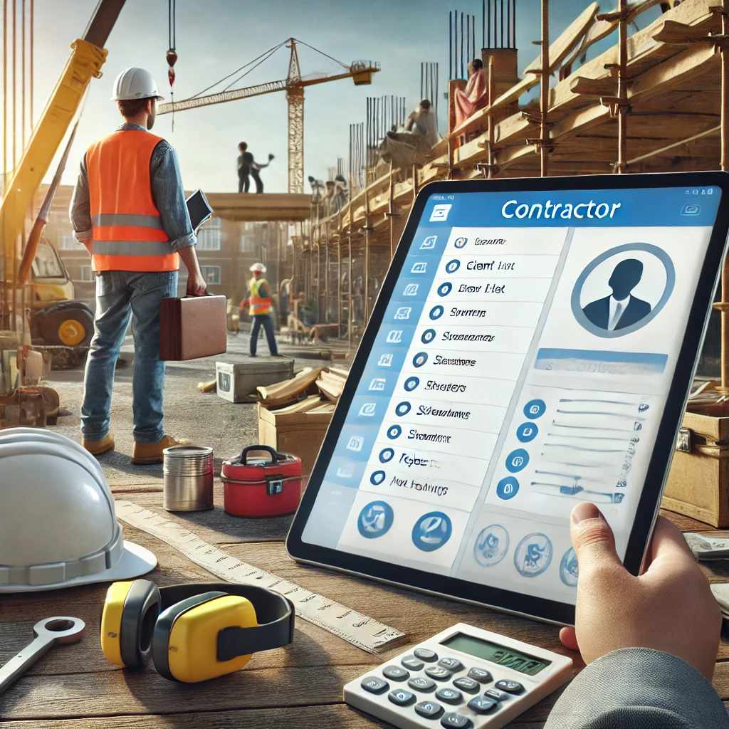 Contractor in a hard hat using a tablet at a construction site to manage client and project tasks with CRM software.