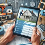 A contractor using field service management software on a tablet at a job site with tools in the background.