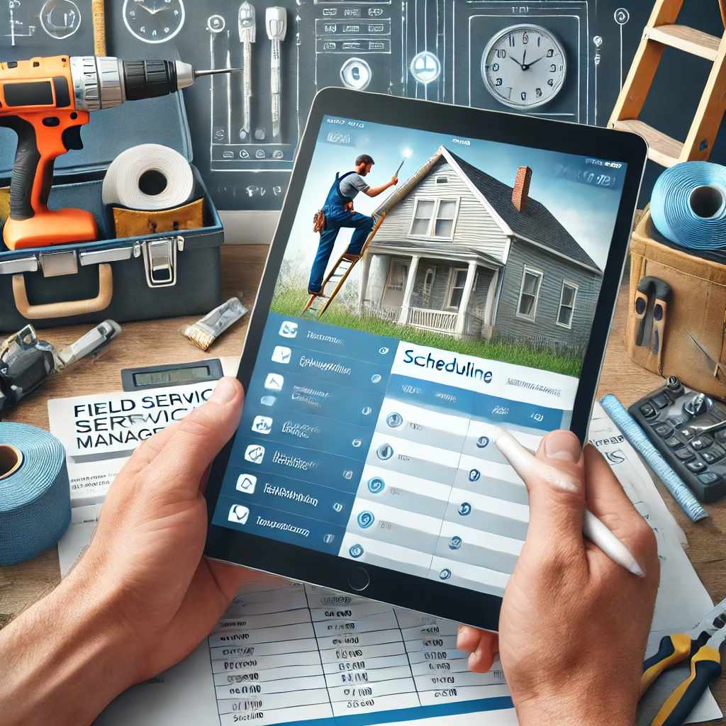 A contractor using field service management software on a tablet at a job site with tools in the background.