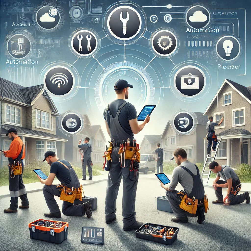 HVAC technician, electrician, and plumber using mobile tablets on-site, with residential and commercial settings in the background, showcasing automation and data-driven field service management.