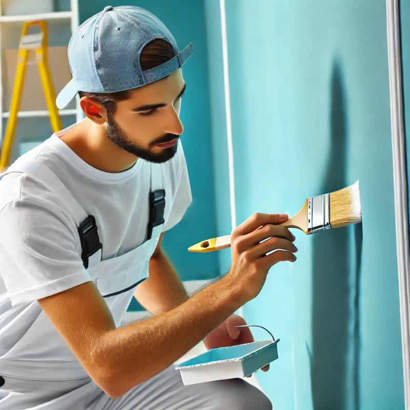 A decorator adding finishing details to a newly painted wall.