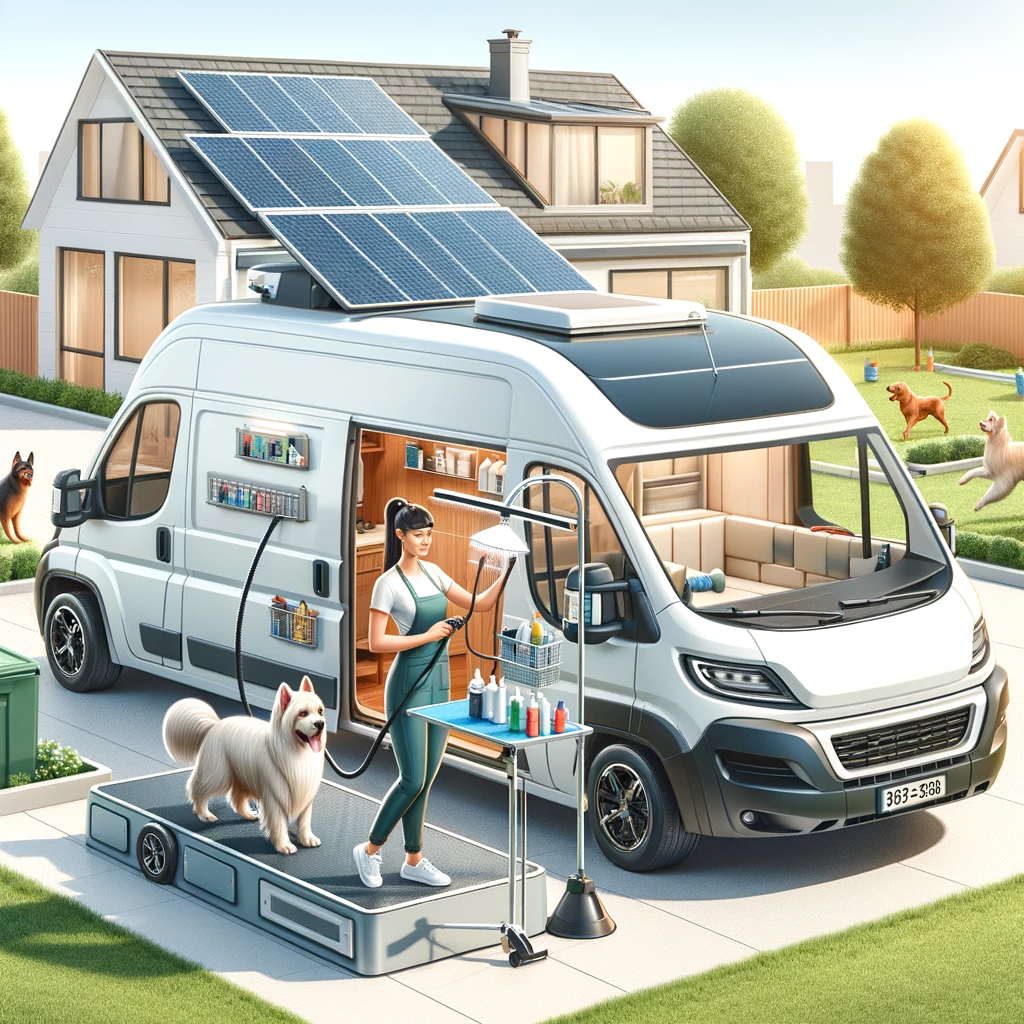 A mobile dog grooming van equipped with solar panels, a groomer attending to a dog on a grooming table, with dogs playing in the background in a suburban neighborhood.