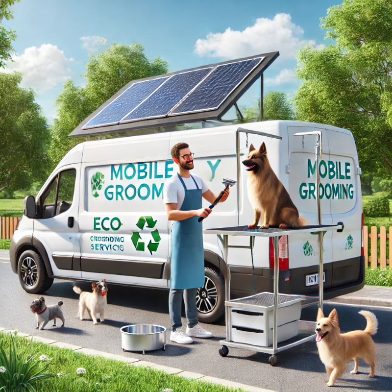 A mobile dog grooming van with solar panels and eco-friendly branding, a groomer is trimming a dog’s fur outside while other dogs play nearby in a suburban area.