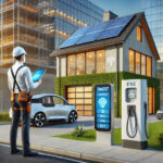 Electrical contractor standing in front of a smart home with solar panels, EV charging station, and smart lighting, monitoring energy use on a tablet. Background features a commercial building under construction with modular electrical components.