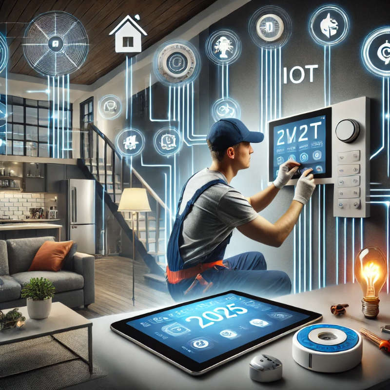 Electrical contractor installing a smart lighting system in a modern home, connecting IoT-enabled devices to a smart system using a tablet. Background shows smart thermostats, motion sensors, and energy-efficient appliances