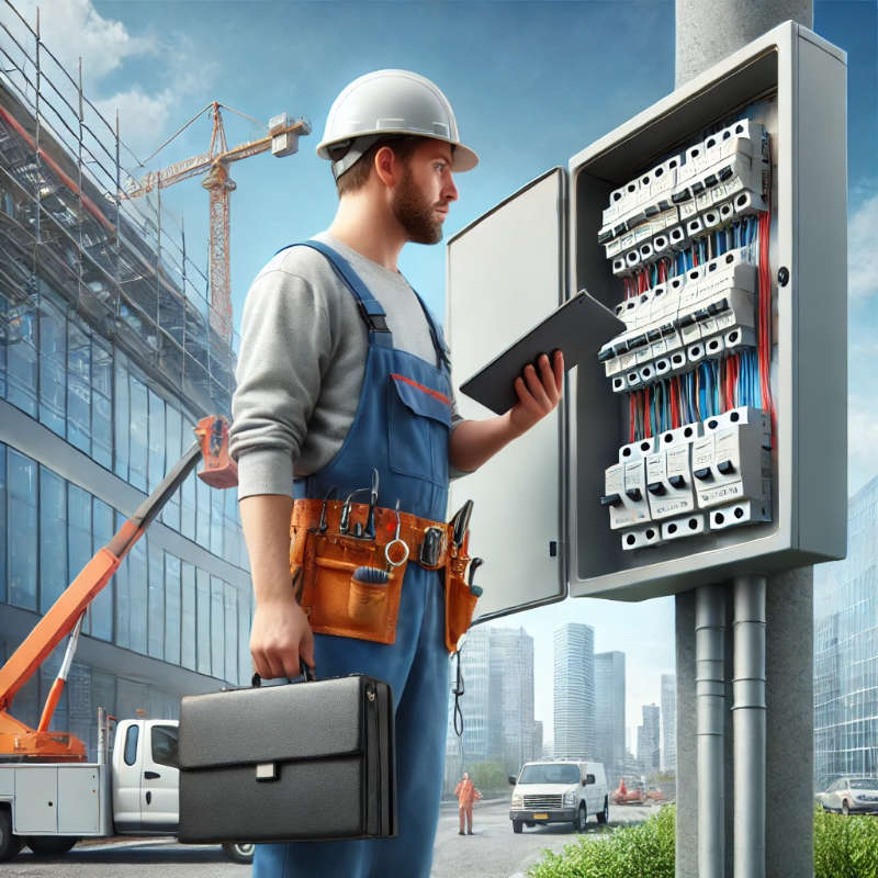 Electrician inspecting an electrical panel while using a mobile tablet to access job instructions, with a commercial building in the background