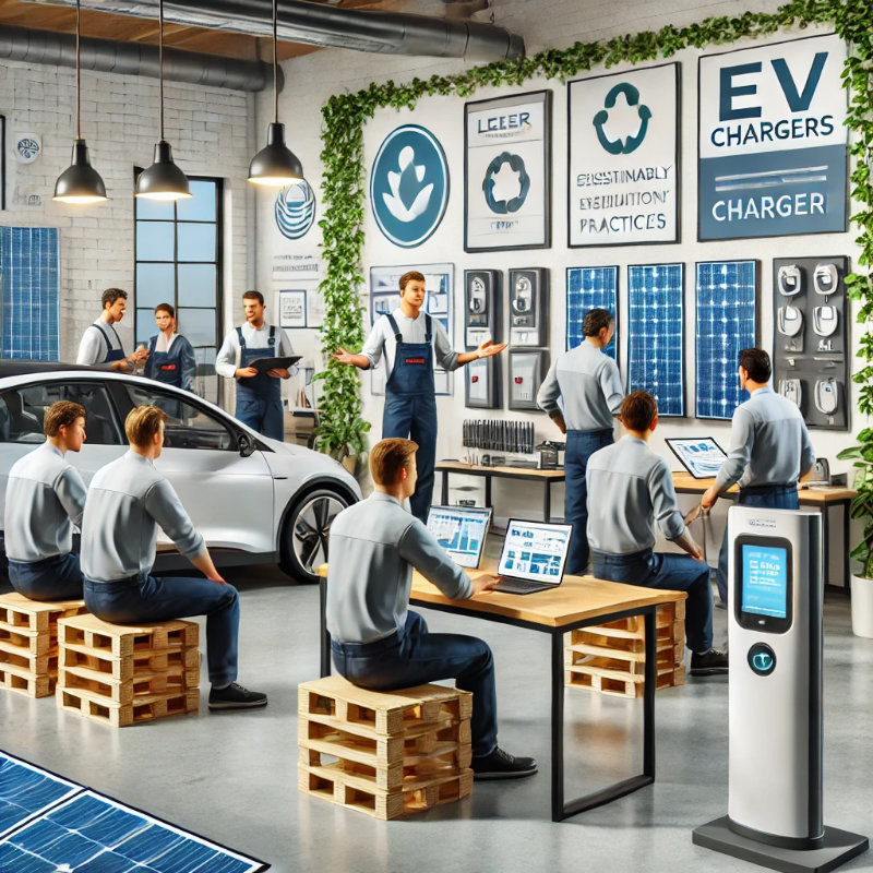 Electricians in a workshop learning to install eco-friendly systems like solar panels, LED lighting, and EV chargers, with certification documents displayed.