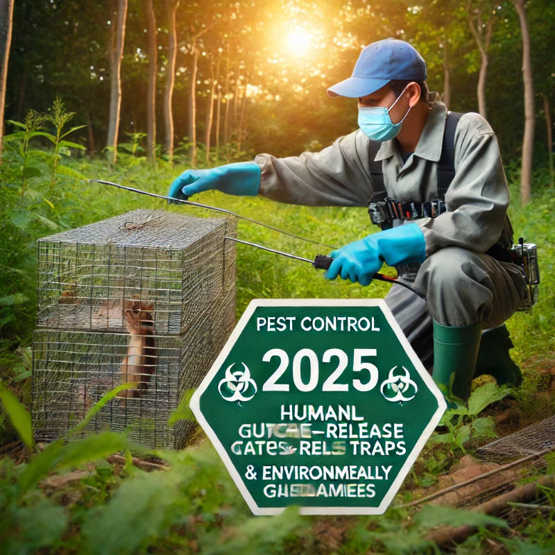 A pest control technician using humane, catch-and-release traps in a protected natural environment, adhering to regulatory guidelines.