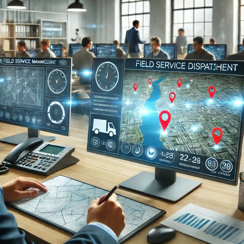 Field service dispatcher using multiple monitors to assign jobs and monitor technician locations, with maps and data charts on screens.