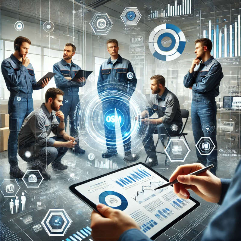 Team of field service technicians gathered around a tablet, using mobile FSM software, with charts representing data analytics in the background