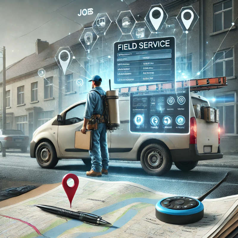 Field service vehicle equipped with GPS and tracking systems showing a map with job locations, with a technician on the move in the background