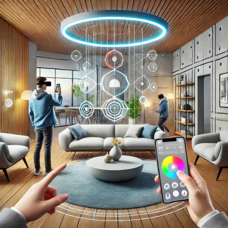 A futuristic living room where AR and VR tools are used to visualize color schemes and layouts, with smart paint walls and modern furniture.