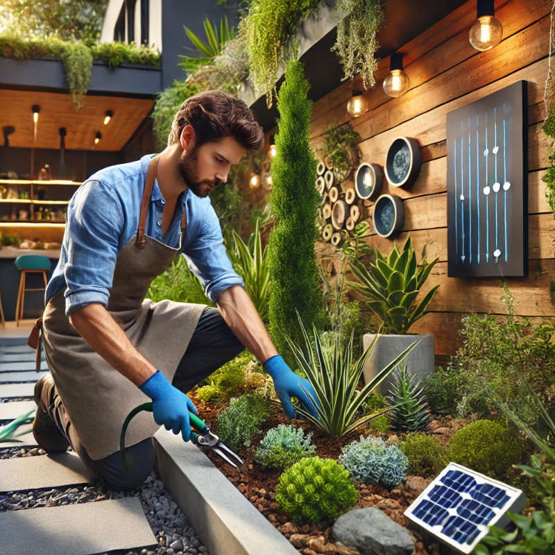 Professional gardener trimming plants in a native plant garden with rainwater collection and solar lighting.