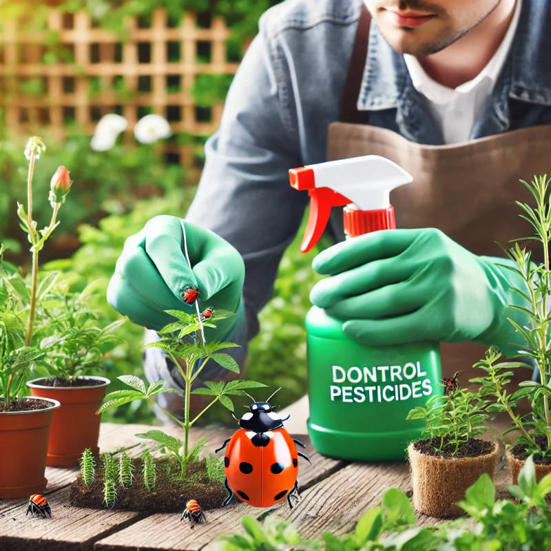 A pest control professional applying eco-friendly, non-toxic pesticides in a garden surrounded by natural predators and beneficial plants.